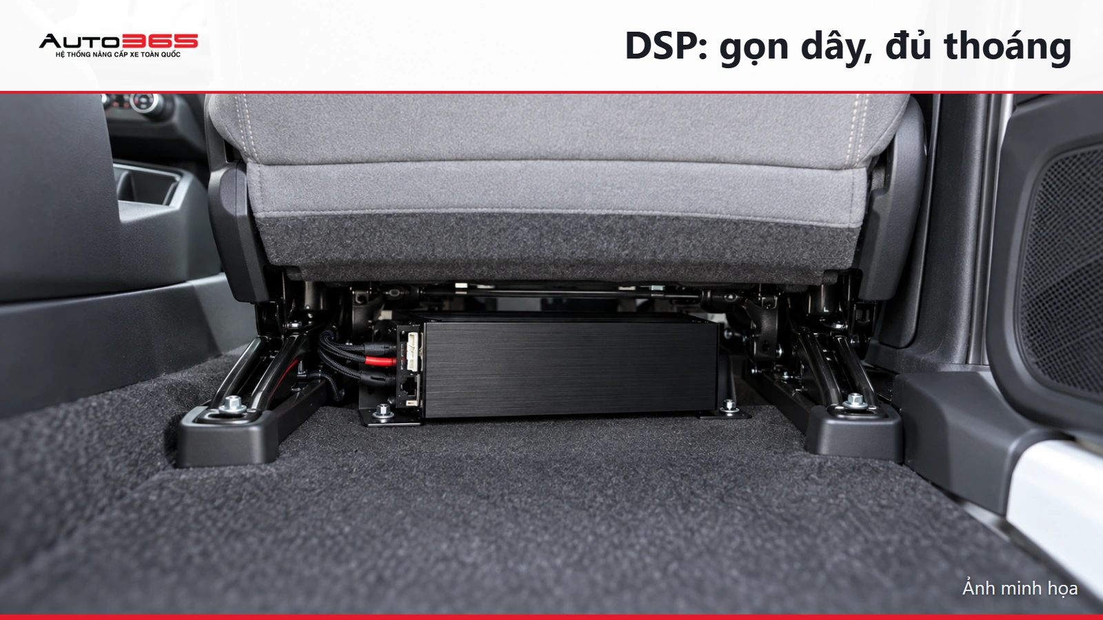 Source-based mockup minh họa DSP tùy chọn dưới ghế Minio Green; không phải ảnh thi công thực tế.