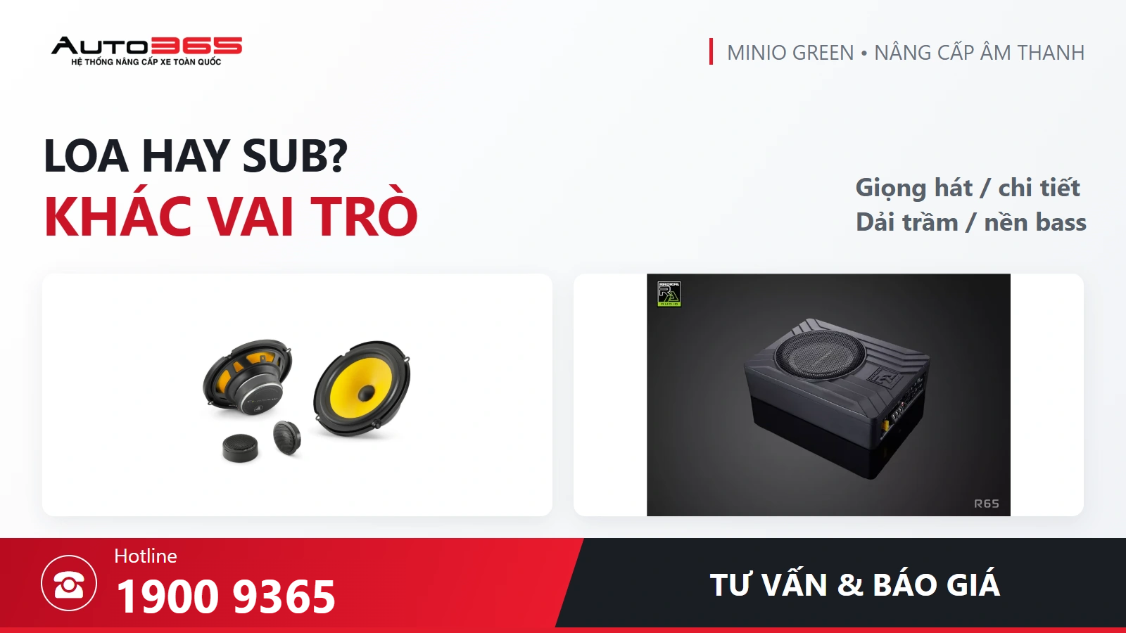 Ảnh sản phẩm JL C1-650 và Radical RA65 từ Auto365; hai vai trò âm thanh khác nhau.