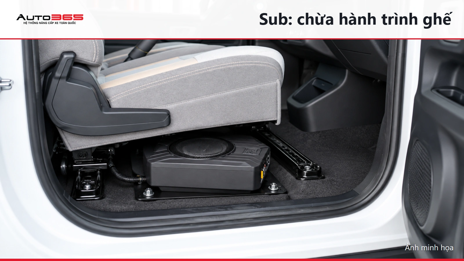 Source-based mockup minh họa vị trí sub điện dưới ghế Minio Green; không phải ảnh thi công thực tế.