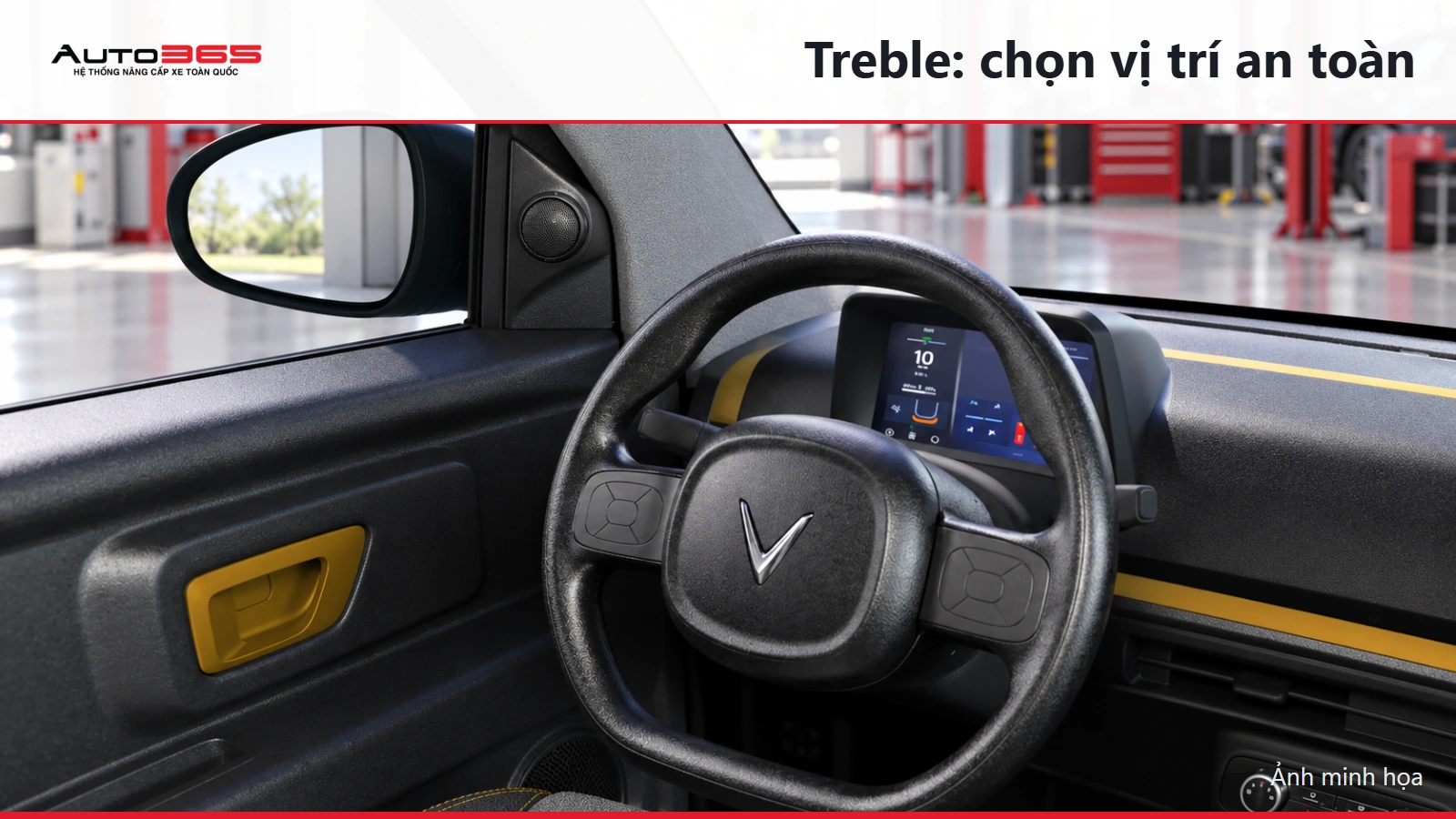 Source-based mockup minh họa vị trí treble tùy chọn trên Minio Green; không phải ảnh thi công thực tế.