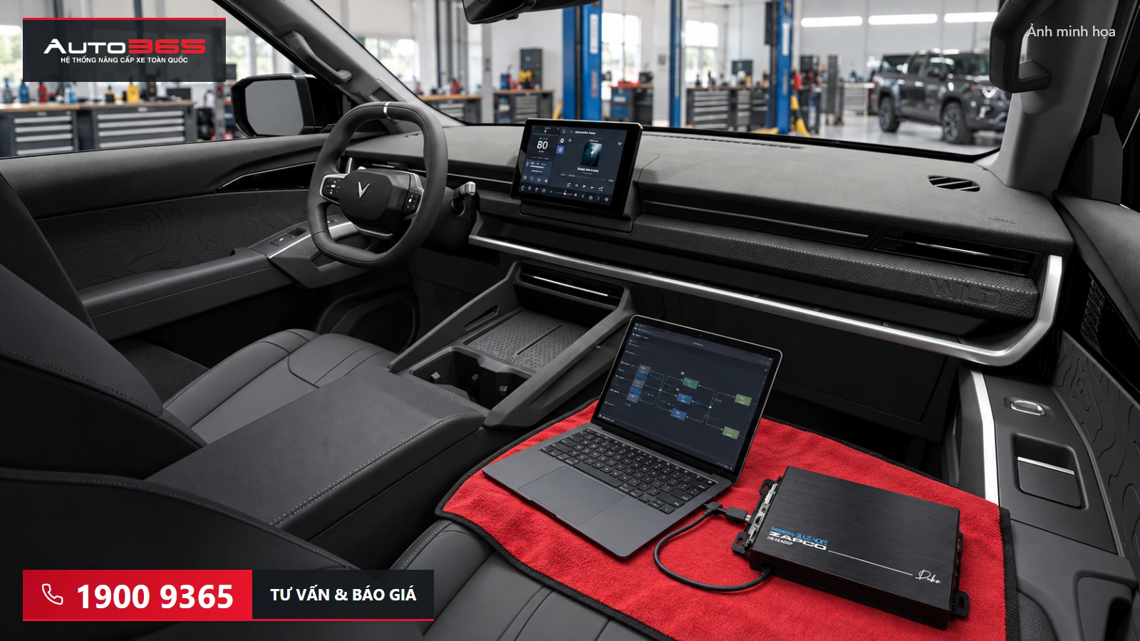 Ảnh minh họa source-based mockup kiểm tra DSP trong cabin VF Wild; thiết bị đặt tạm, không phải vị trí lắp cố định.