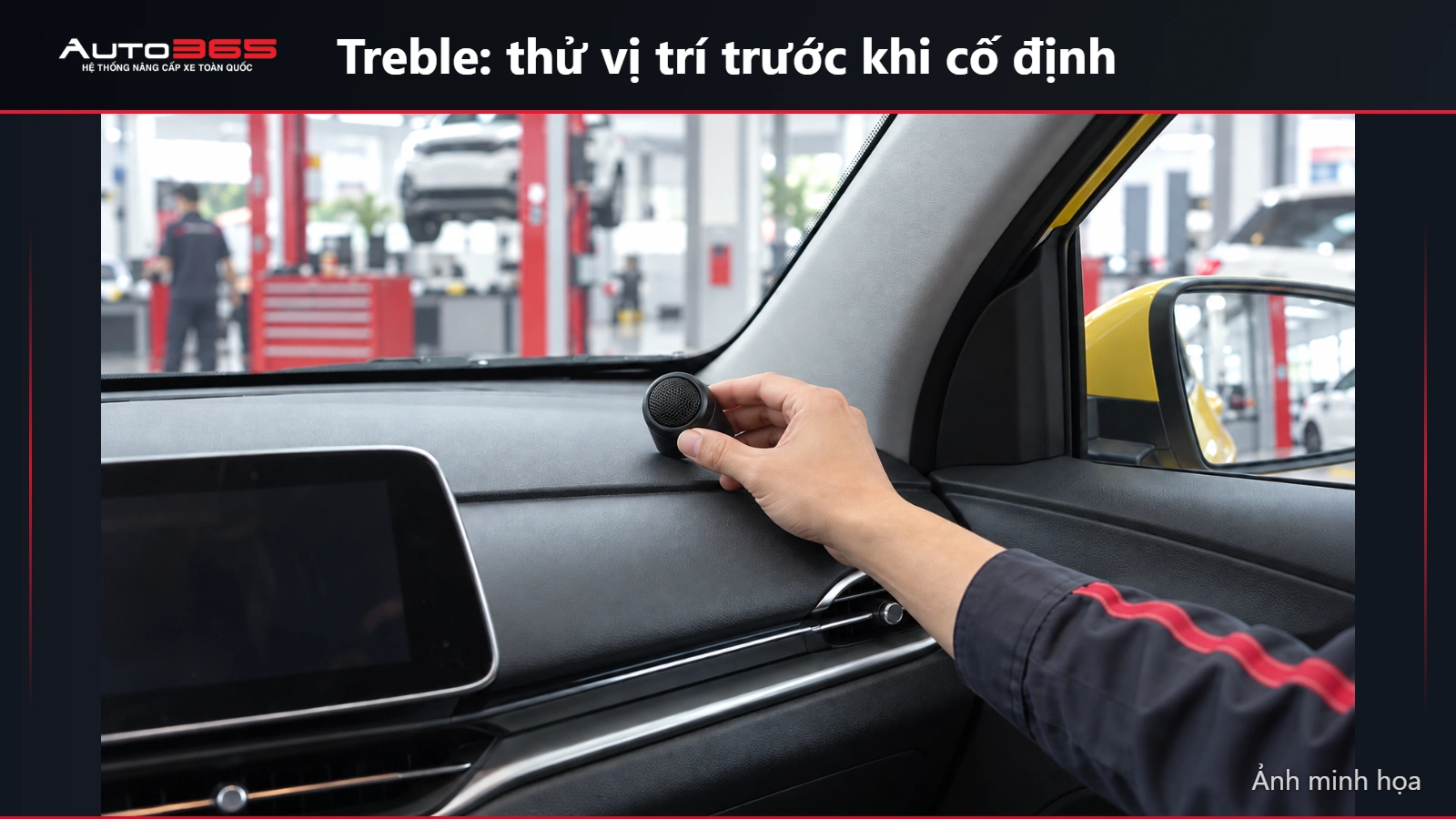Ảnh minh họa thử vị trí tweeter rời trên táp-lô VF5, không gắn vào cột A
