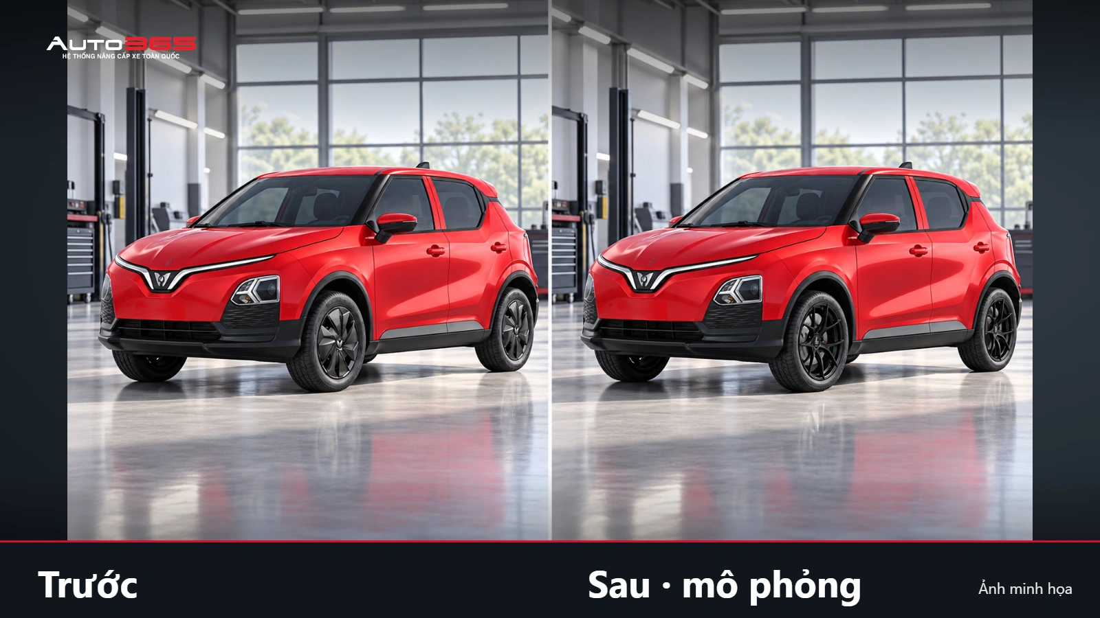 Ảnh minh họa trước–sau Herio Green cùng góc hông, so bộ bánh nguồn và kiểu mâm mô phỏng; giữ nguyên thân xe.