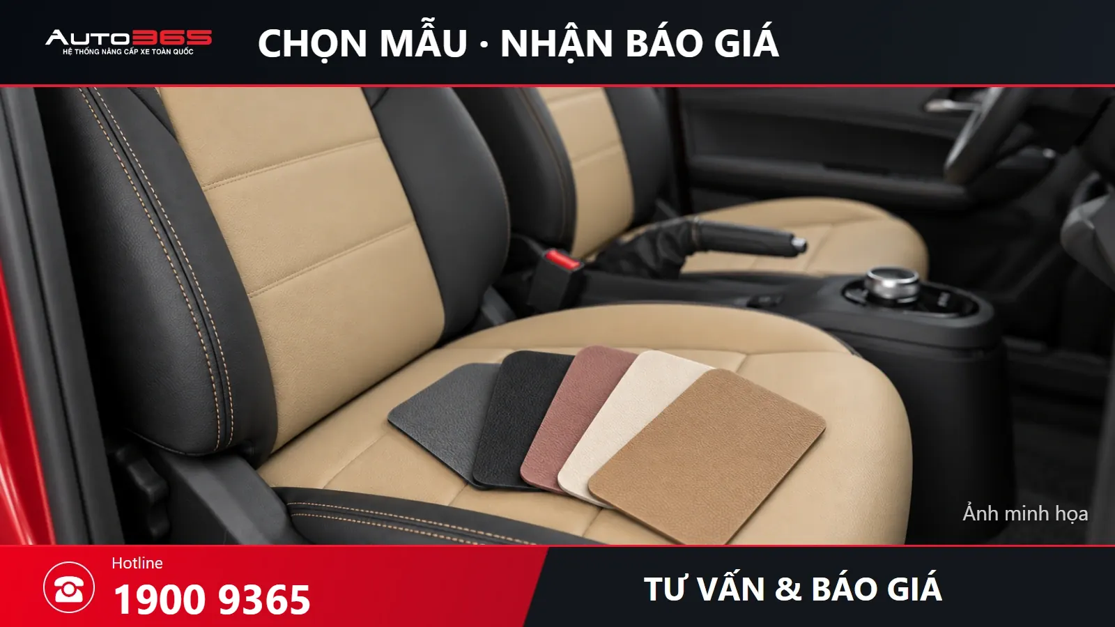CTA Auto365 với ảnh minh họa chọn mẫu bọc ghế Herio Green, hotline 1900 9365
