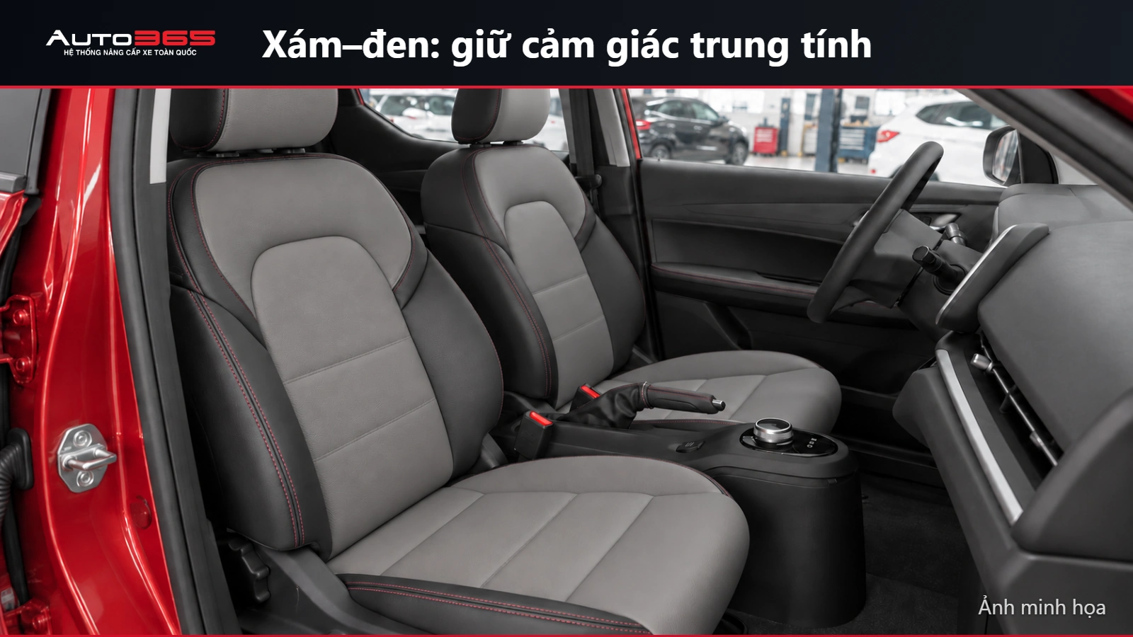 Ảnh minh họa source-based mockup ghế trước Herio Green phối xám đen và đường chỉ màu trầm