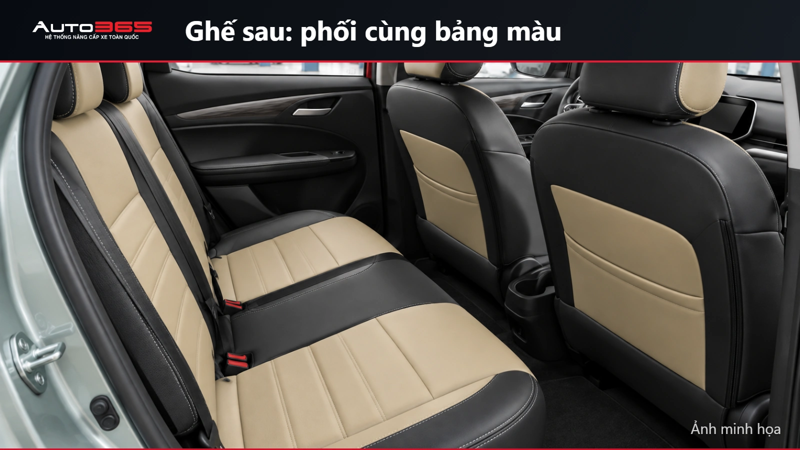 Ảnh minh họa source-based mockup hàng ghế sau Herio Green bọc tông be đen, giữ dây đai và khóa đai