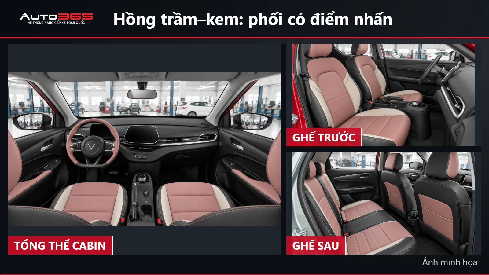 Ảnh minh họa source-based mockup Herio Green phối ghế hồng trầm kem đen, cùng góc cabin và hàng ghế sau