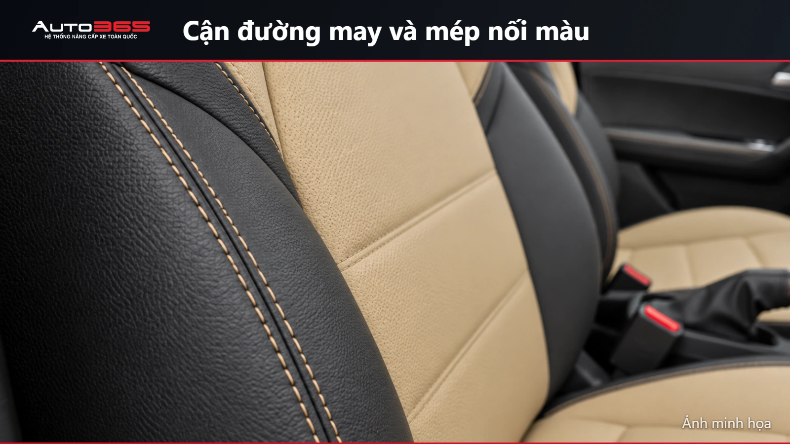 Ảnh minh họa cận đường may và vân bề mặt bọc ghế Herio Green phối be đen