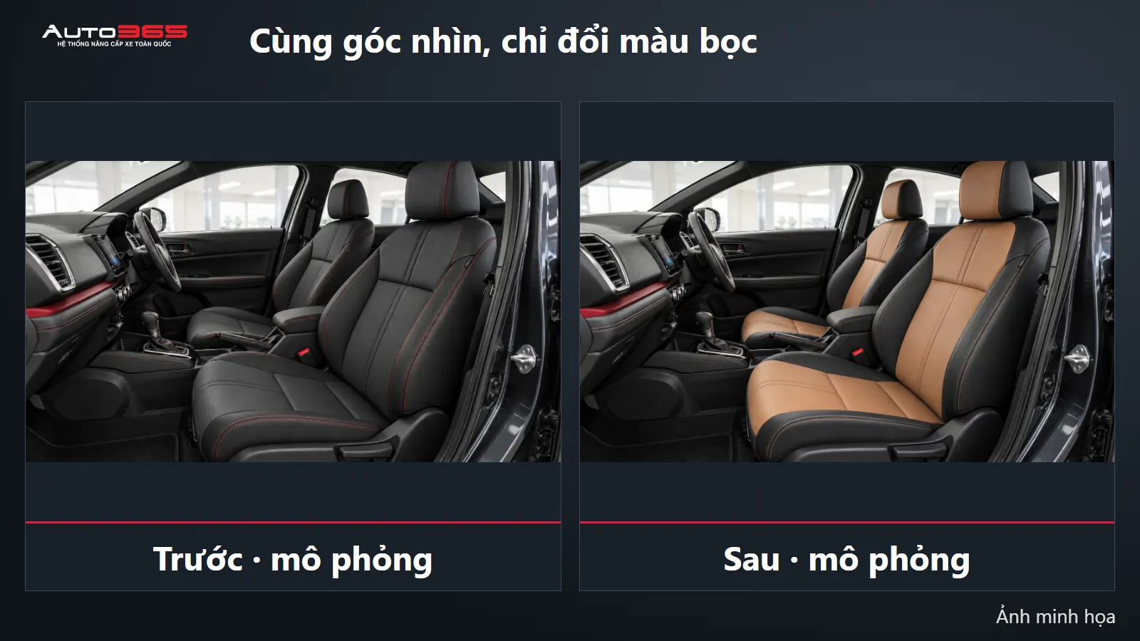 Cặp trước sau mô phỏng ghế trước Honda City từ đen sang nâu phối đen, cùng góc nhìn và ánh sáng