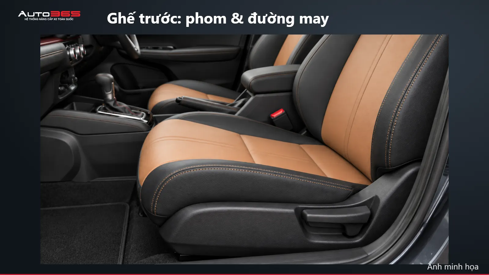 Source-based mockup cận mặt ghế trước Honda City phối nâu đen, thấy đường may và cần chỉnh ghế