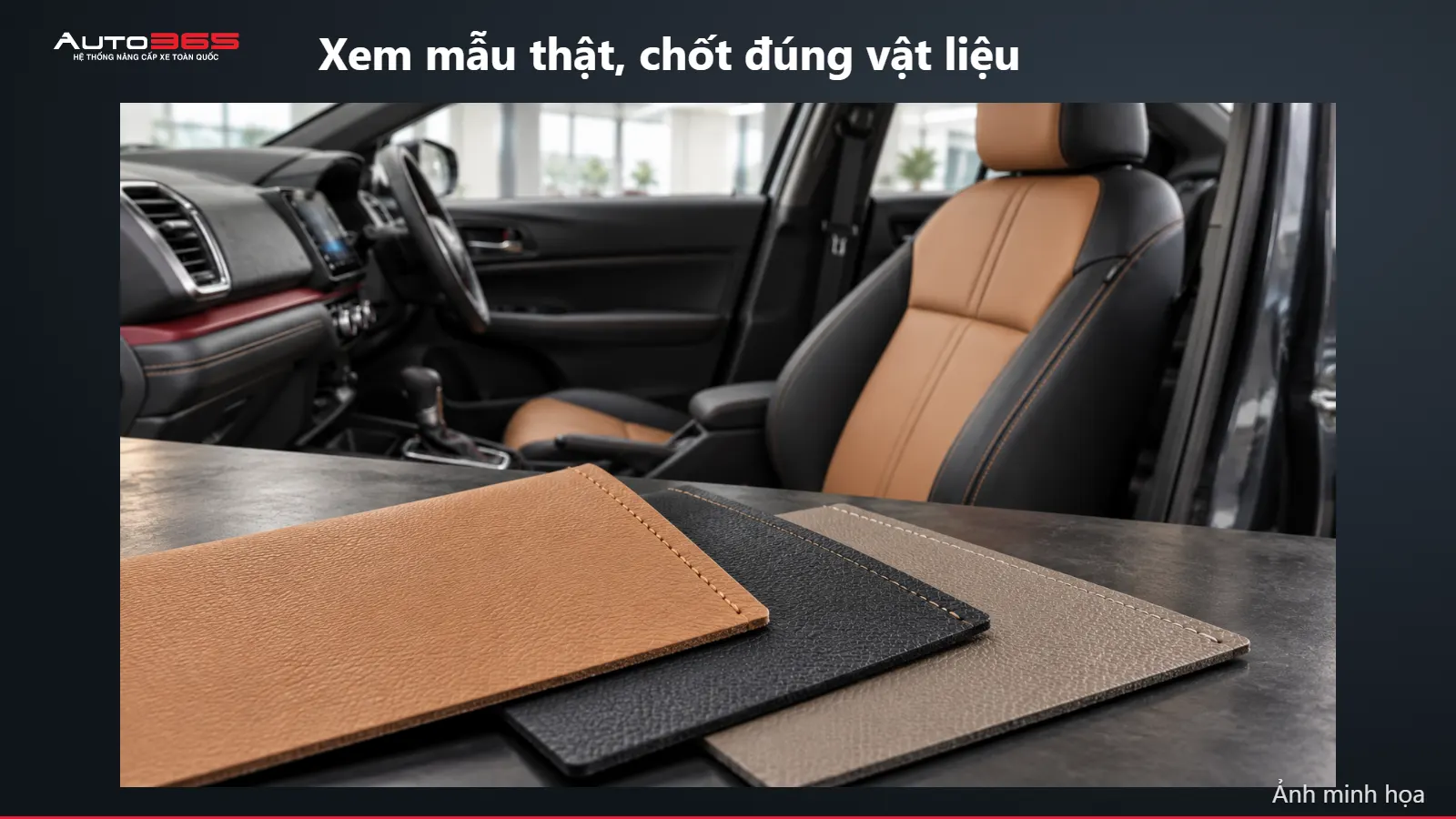 AI illustration các mẫu vật liệu màu nâu, than và xám cạnh ghế City; không phải mẫu hàng Auto365 xác nhận