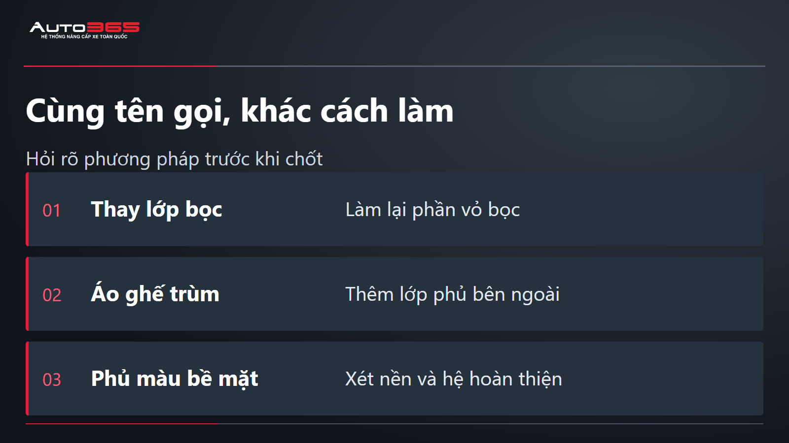 Phân biệt thay lớp bọc, áo ghế trùm và phủ màu bề mặt nội thất