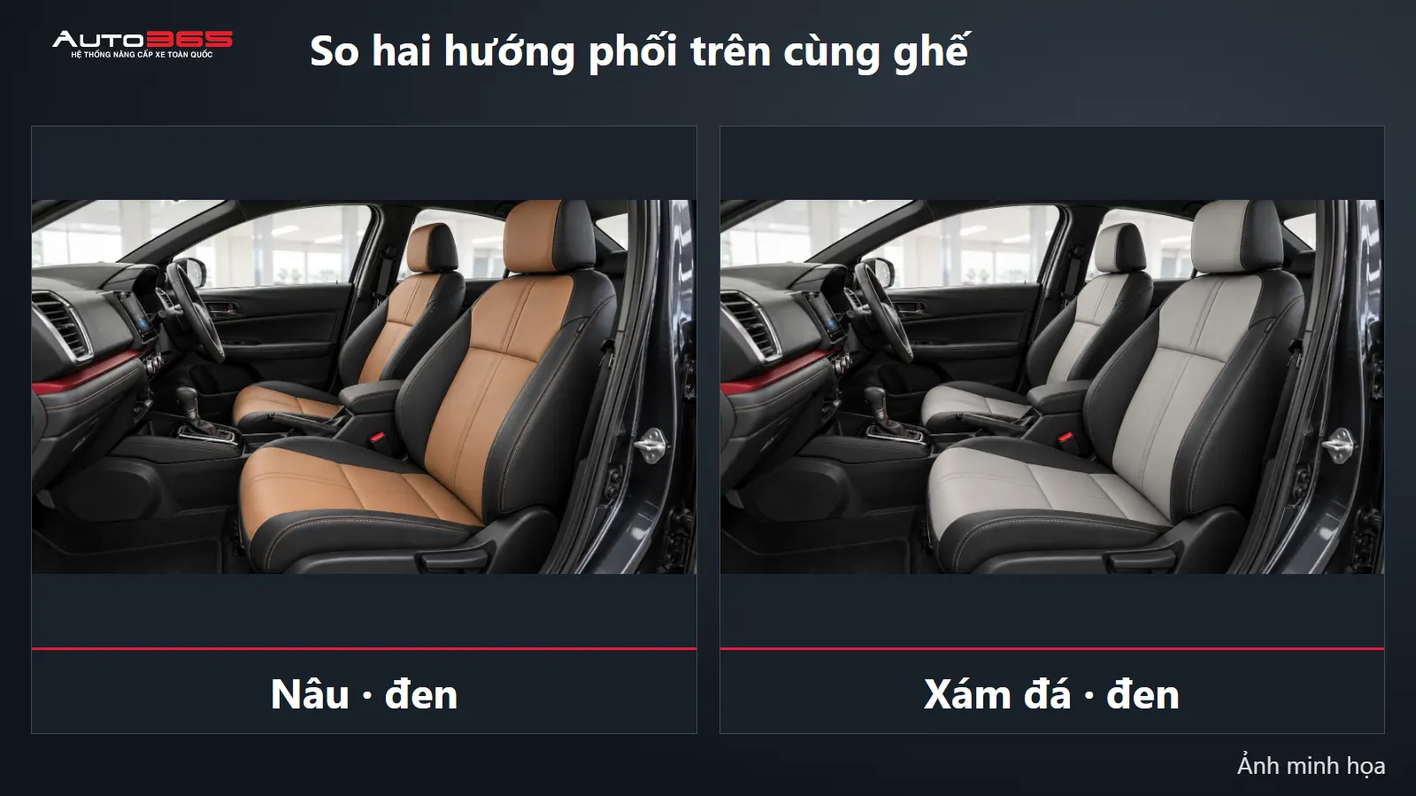 Hai phương án màu mô phỏng trên cùng ghế Honda City: nâu đen và xám đá đen