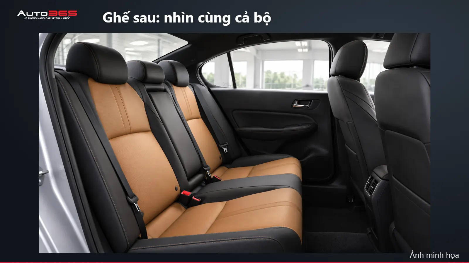 Source-based mockup hàng ghế sau Honda City phối nâu đen, giữ vị trí dây đai và tựa đầu