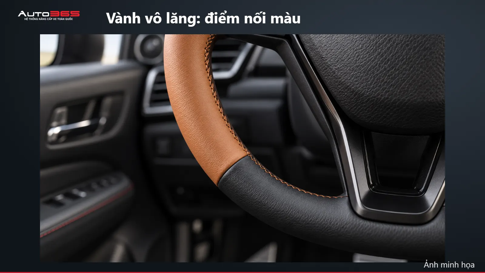 Source-based mockup cận đường khâu vành vô lăng Honda City hai tông nâu đen, tâm vô lăng không bọc