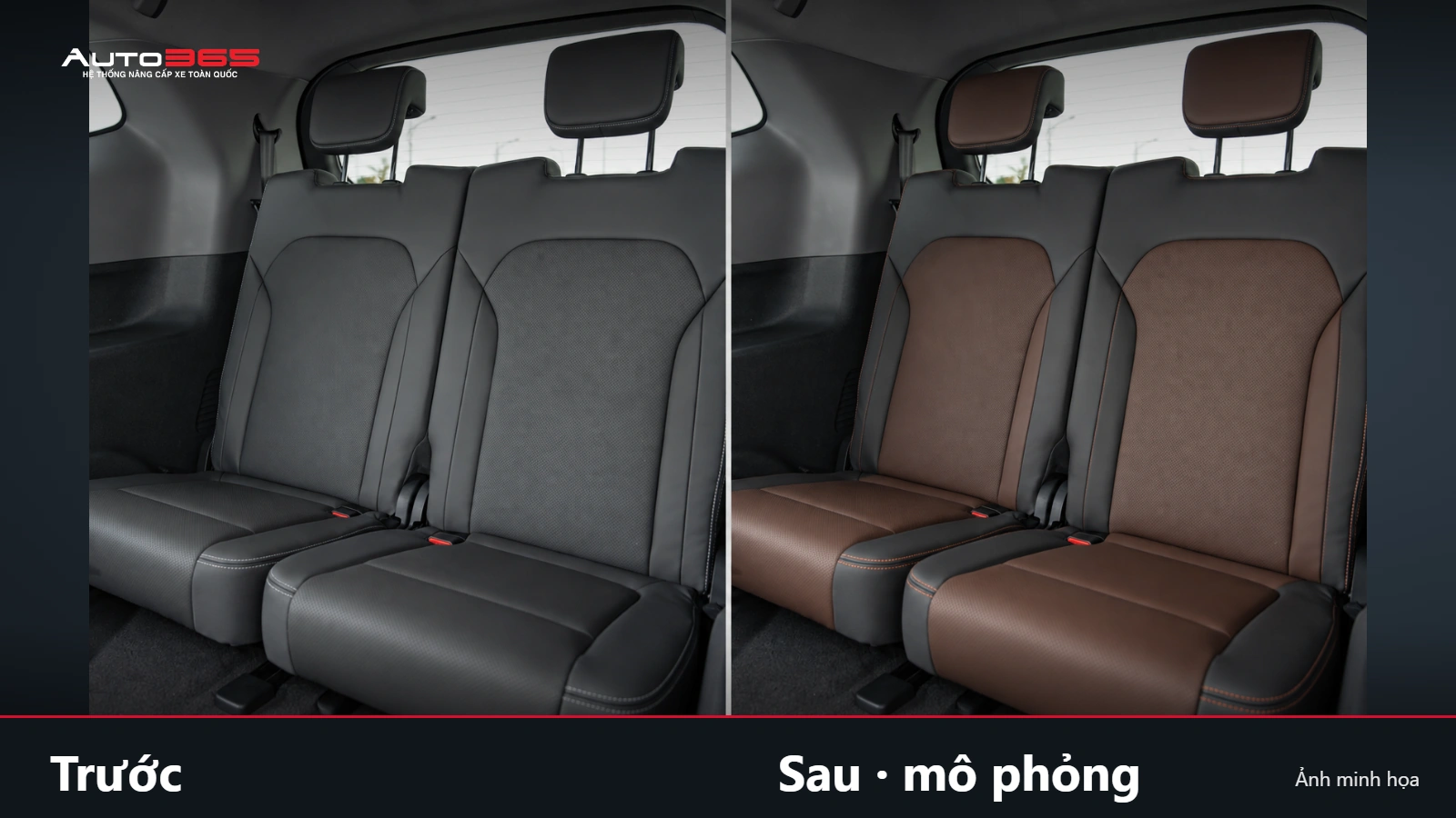 Source-based mockup trước và sau đổi màu nội thất VF MPV 7 cùng góc nhìn; phần cấu trúc cabin giữ nguyên.