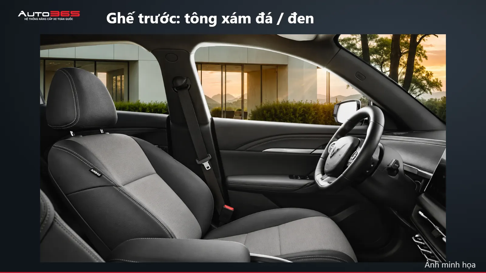 Minh họa mô phỏng trên xe: Ghế trước: tông xám đá / đen
