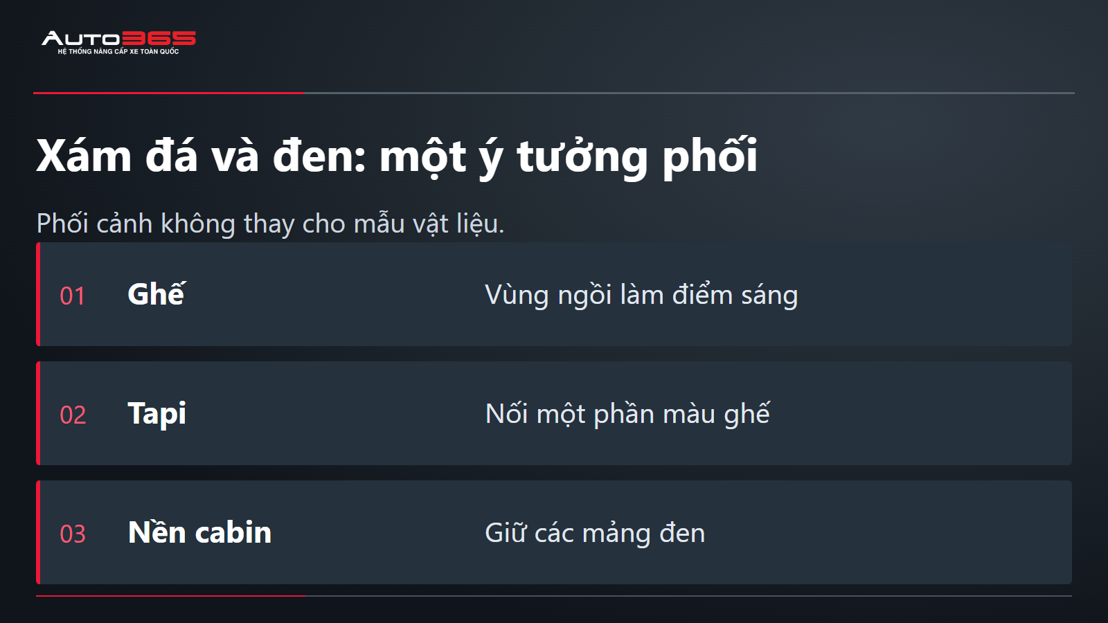 Xám đá và đen: một ý tưởng phối; Phối cảnh không thay cho mẫu vật liệu.