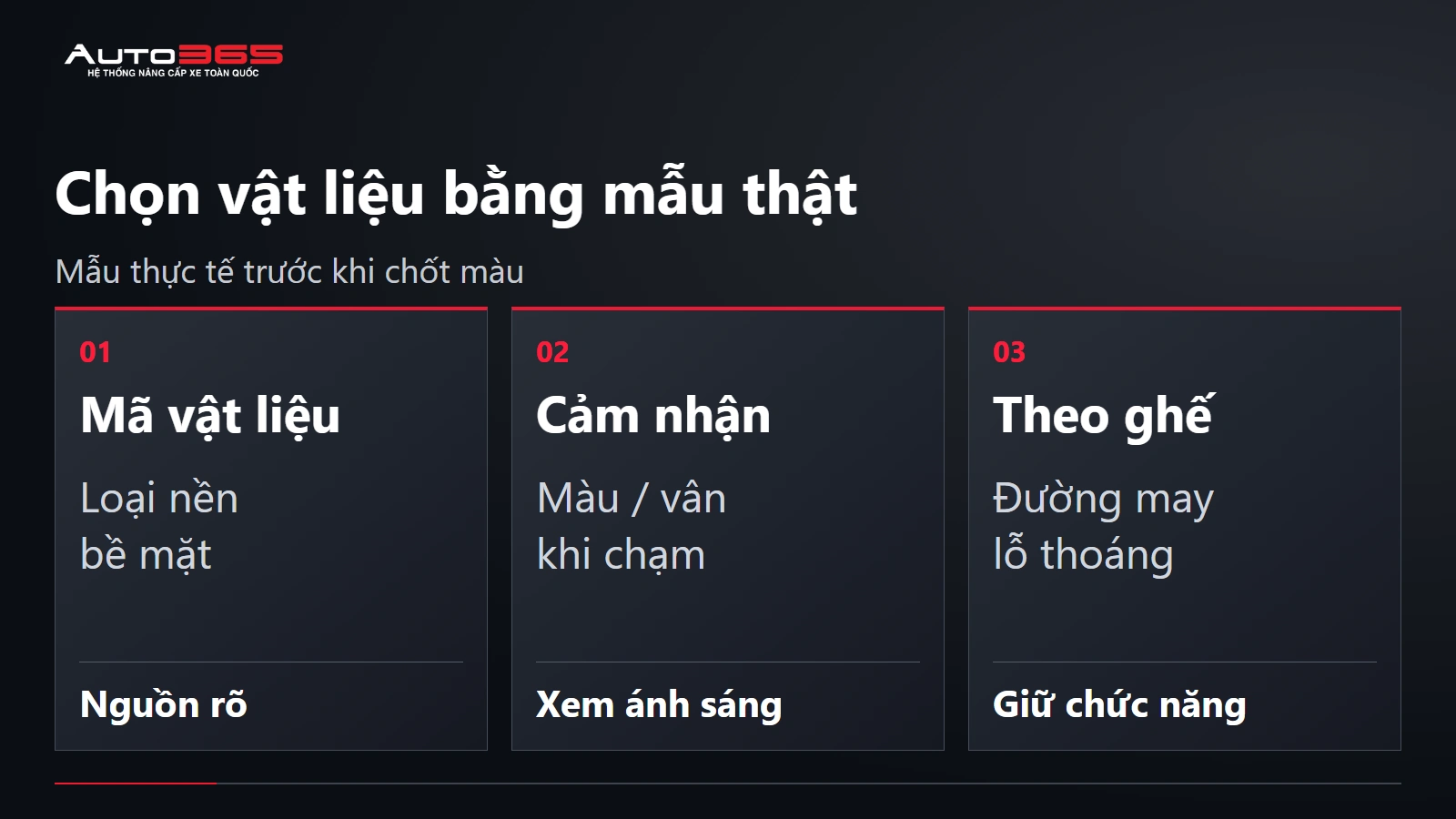 Ba điểm so vật liệu bọc nội thất VF7 gồm mã vật liệu, cảm nhận mẫu và cấu trúc ghế