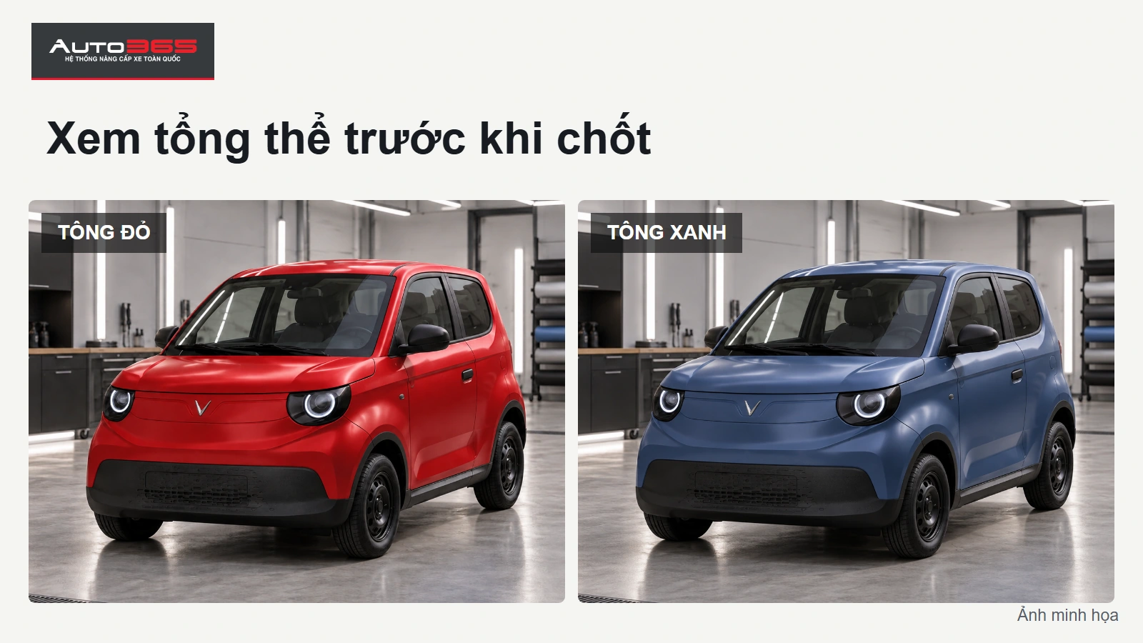 Đồ họa Auto365 về đổi màu VF2: Xem tổng thể trước khi chốt; hình minh họa mô phỏng