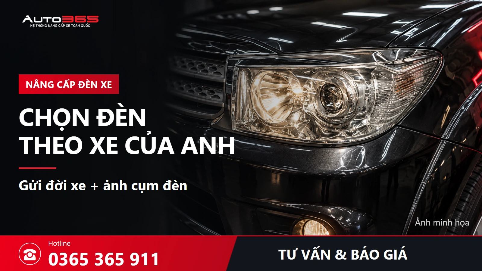 Minh họa cụm đèn Fortuner và tư vấn báo giá Auto365, hotline 0365 365 911