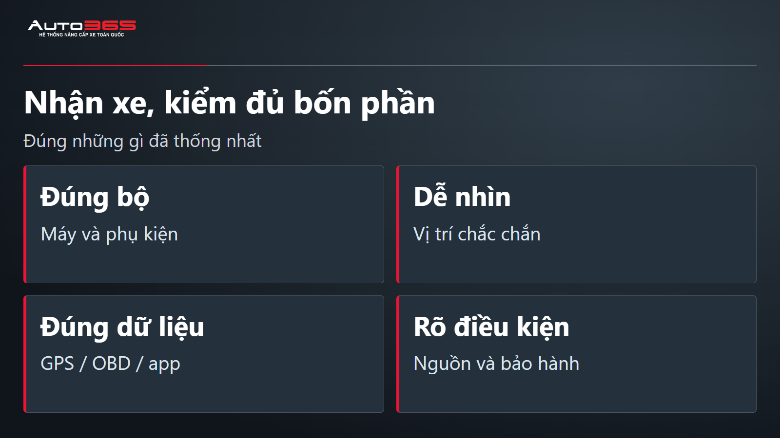 Checklist nhận xe gồm đúng bộ HUD vị trí dữ liệu và điều kiện nguồn bảo hành