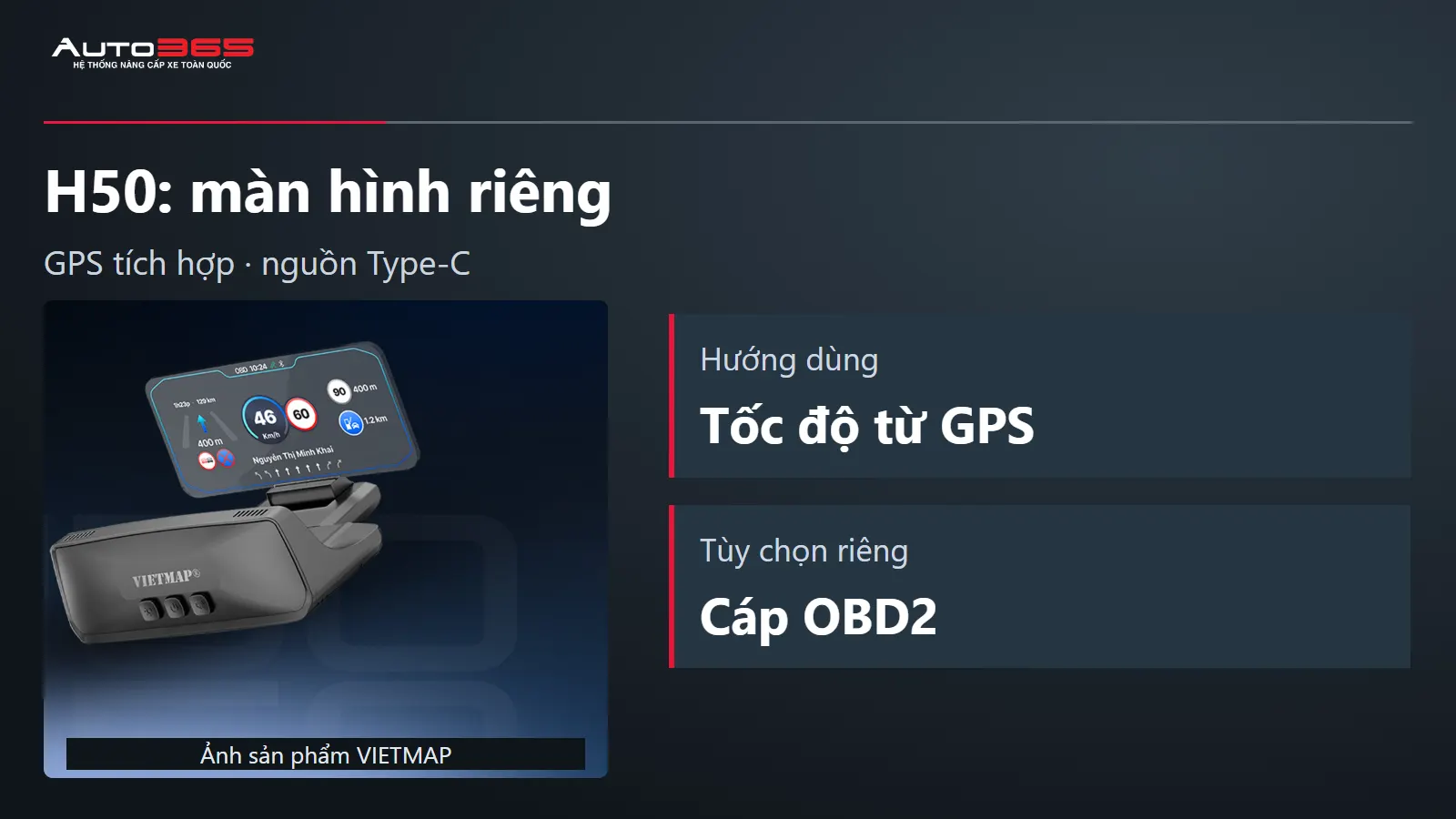 Hình sản phẩm VIETMAP H50 có màn hình riêng và ba nút trên đế, GPS tích hợp