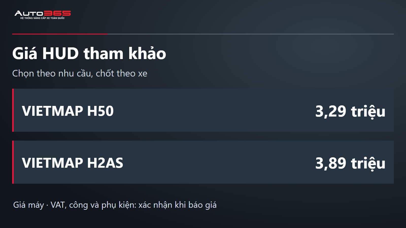 Giá H50 3,29 triệu và H2AS 3,89 triệu tại Auto365, cần chốt VAT công phụ kiện