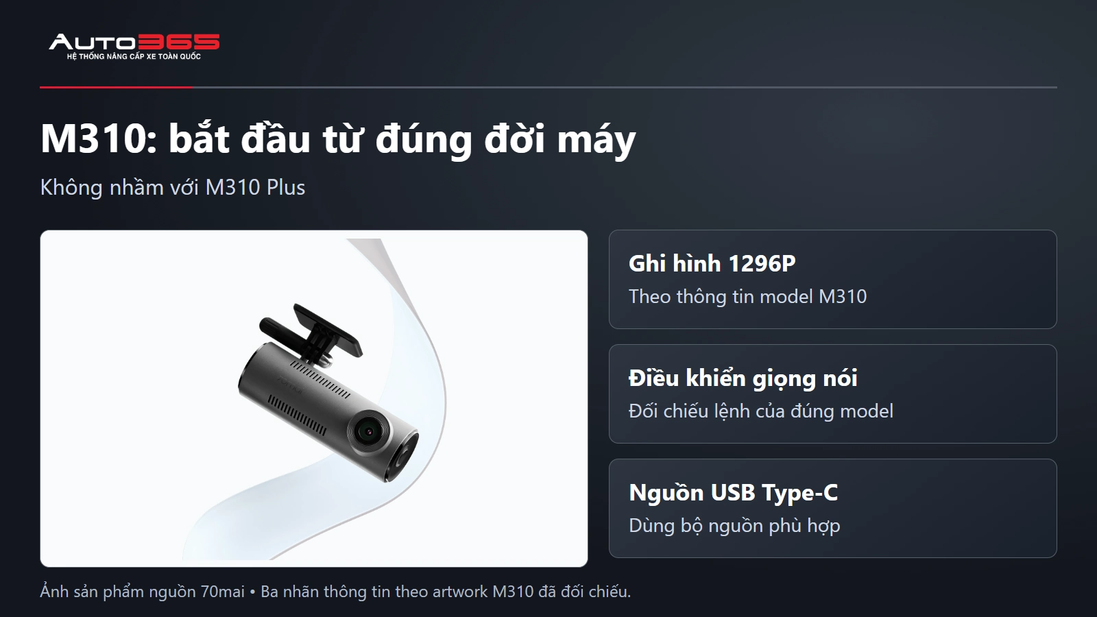70mai M310 với ba nhãn thông tin model bằng chữ native; ảnh sản phẩm thật từ nguồn 70mai.