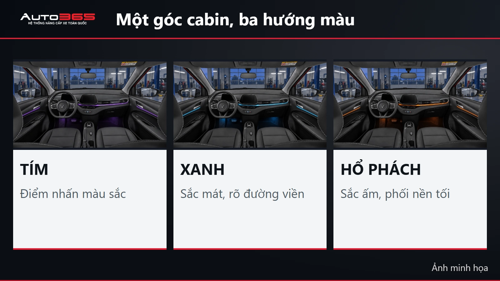 Ảnh minh họa ba phương án LED nội thất Herio Green tím xanh và hổ phách theo cùng góc cabin