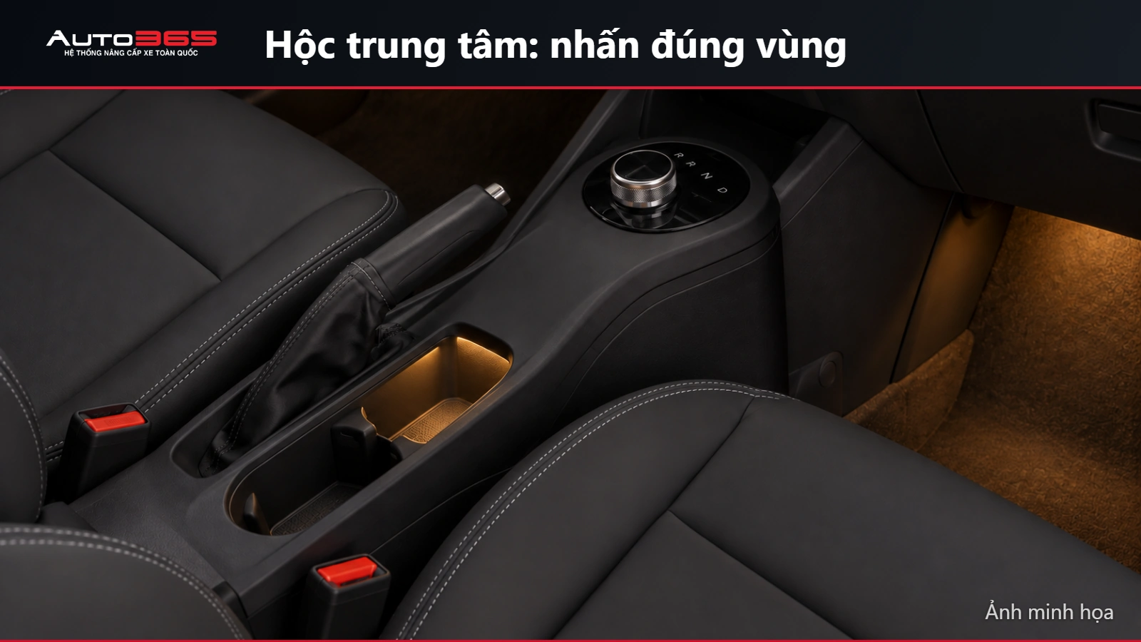 Ảnh minh họa LED chiếu gián tiếp trong hộc trung tâm Herio Green, không phủ lên cần phanh tay và núm xoay
