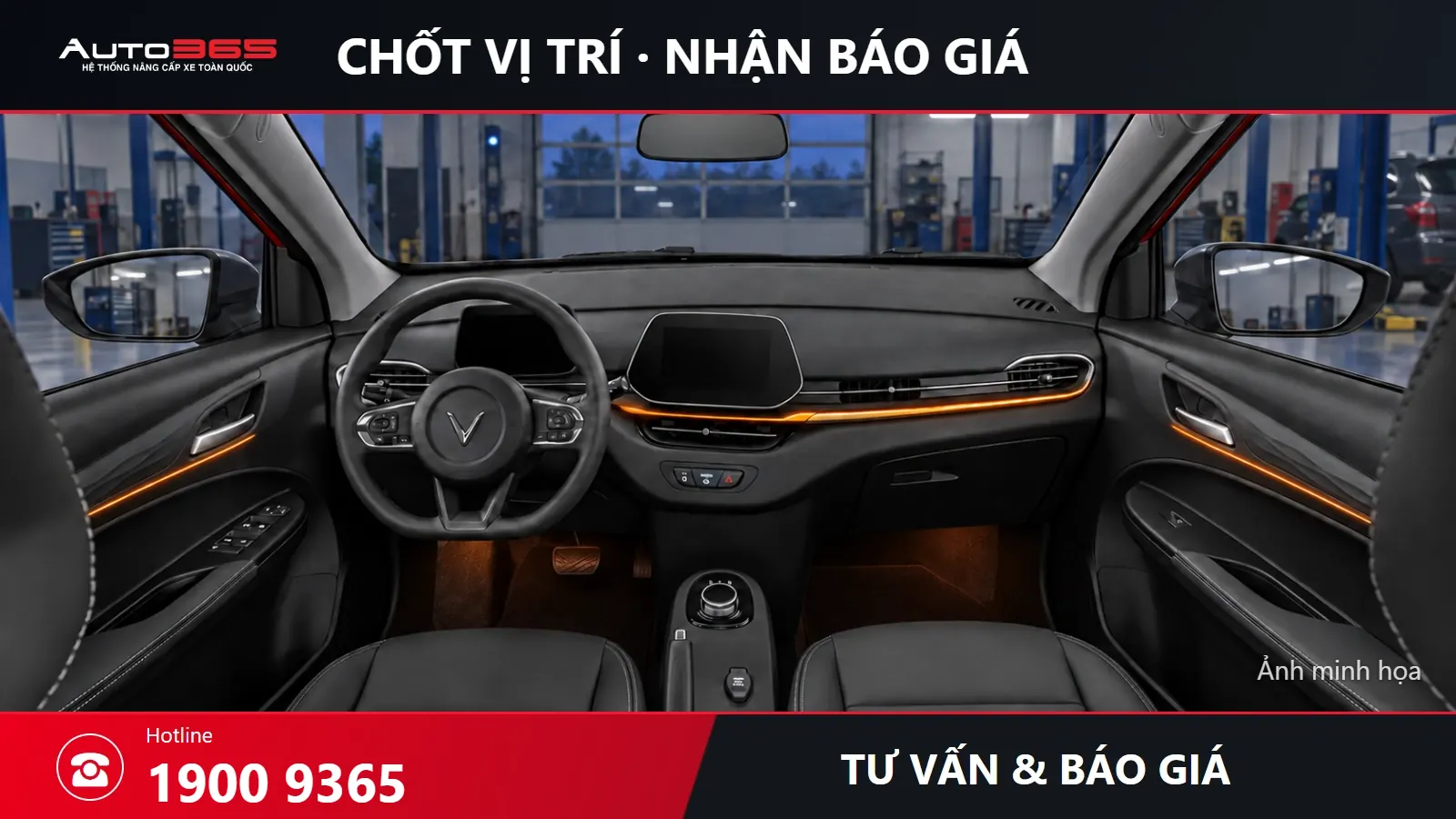 CTA Auto365 tư vấn LED nội thất Herio với ảnh cabin mô phỏng, hotline 1900 9365