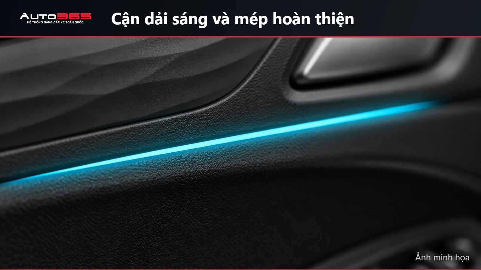 Ảnh minh họa cận bề mặt dải LED khuếch tán xanh trên phần trang trí cửa Herio Green