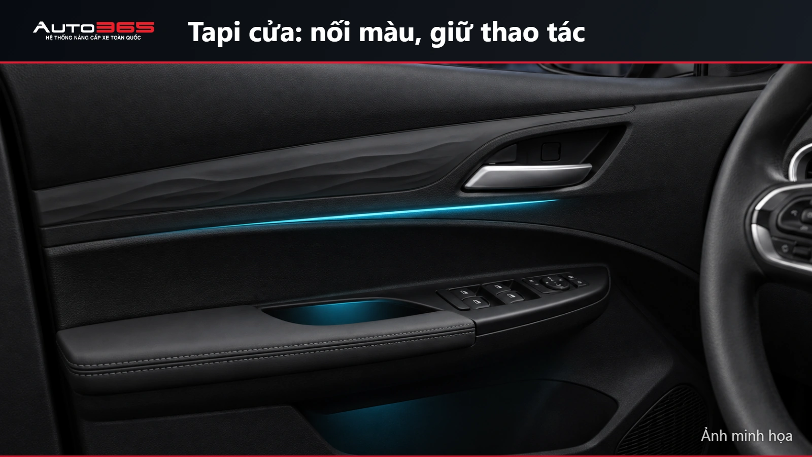 Ảnh minh họa source-based mockup LED xanh tại tapi cửa Herio Green, tay mở cửa và nút kính vẫn rõ
