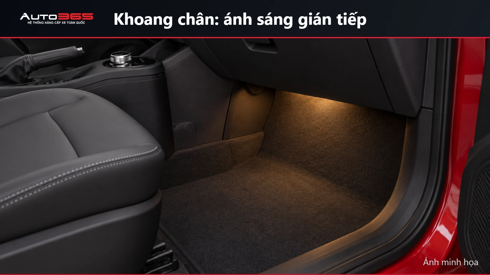 Ảnh minh họa LED màu hổ phách chiếu gián tiếp xuống khoang chân ghế phụ Herio Green