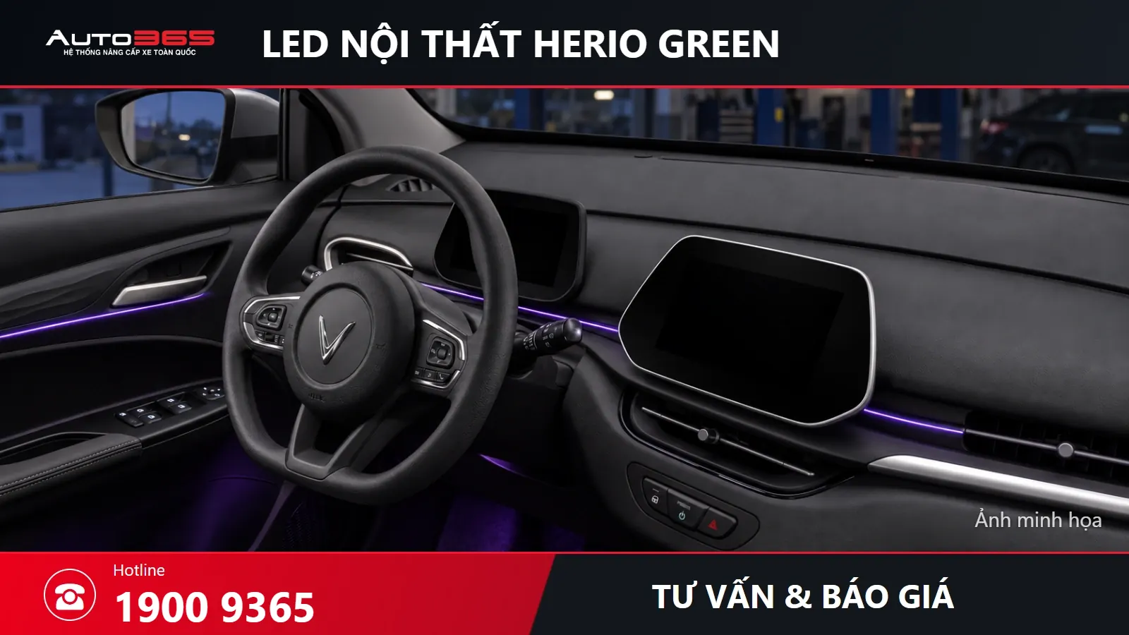 Ảnh minh họa source-based mockup cabin Herio Green với LED viền tím và ánh sáng khoang chân