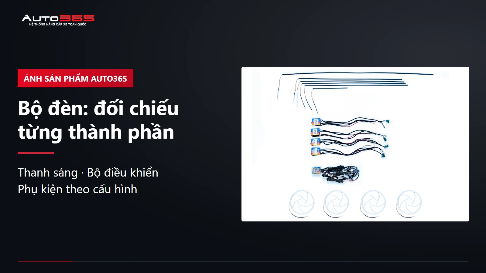 Ảnh bộ LED Titan Ultra Light từ trang sản phẩm Auto365 gồm thanh đèn, dây bộ điều khiển và vòng trang trí loa