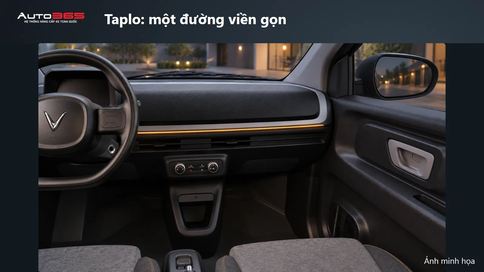 Ảnh minh họa mô phỏng viền LED dưới đường ốp taplo VF2, dựa trên cabin VinFast.