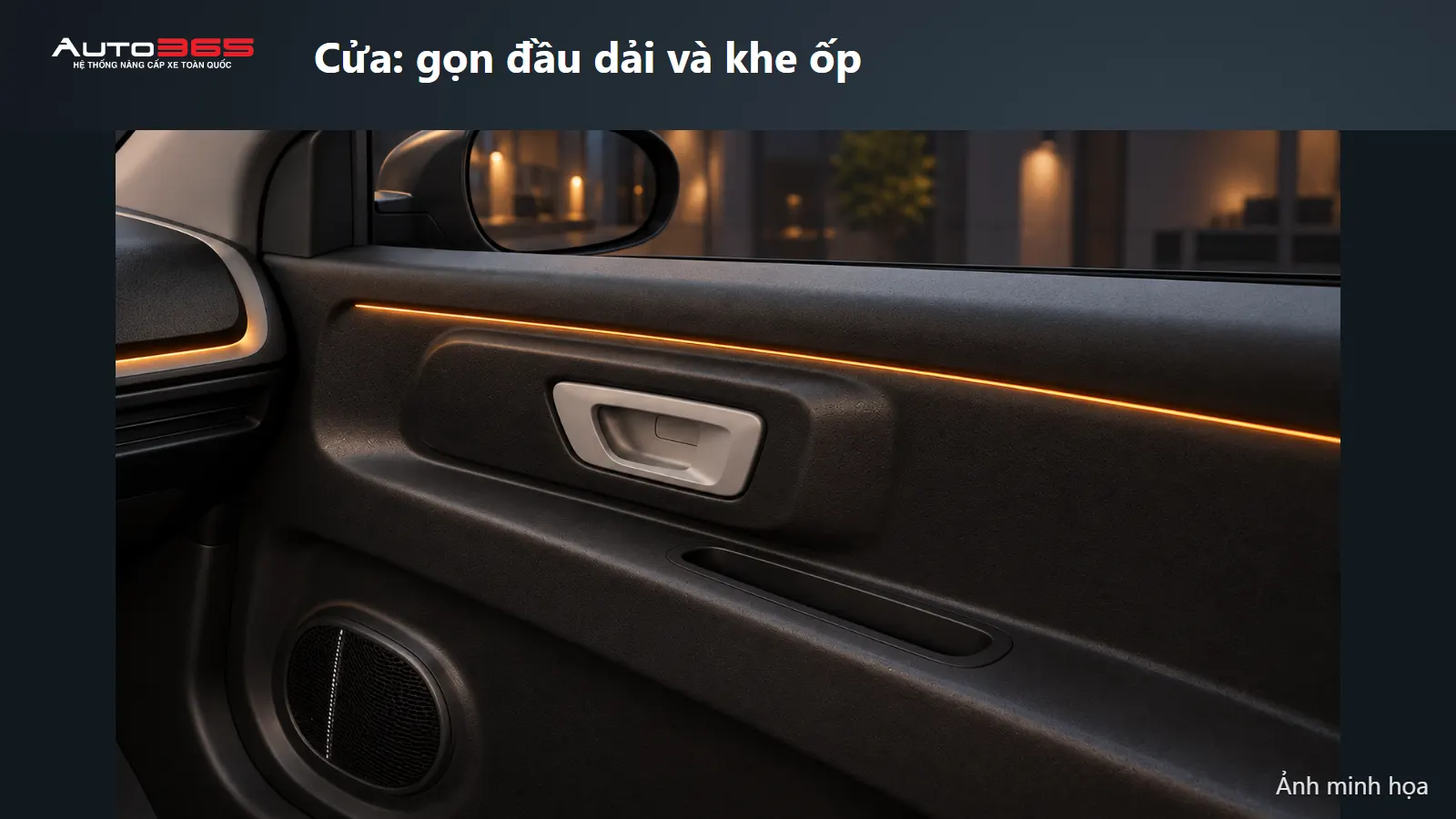 Ảnh minh họa mô phỏng LED theo đường viền cửa trước bên phụ VF2 từ nguồn cabin chính hãng.