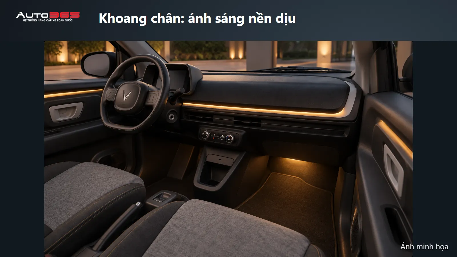 Ảnh minh họa mô phỏng ánh sáng nền khoang chân hành khách phía trước VF2.