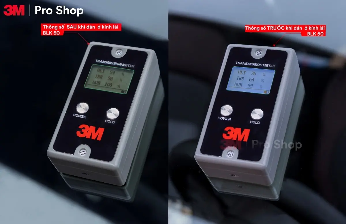 Đo kiểm bằng transmission meter 3M tại Auto365 — kính lái trước khi dán đo VLT 76%, IRR 64%, UVR 99%; sau khi dán phim 3M Crystalline CR BLK 50 đo VLT 54%, IRR 98%, UVR 100%