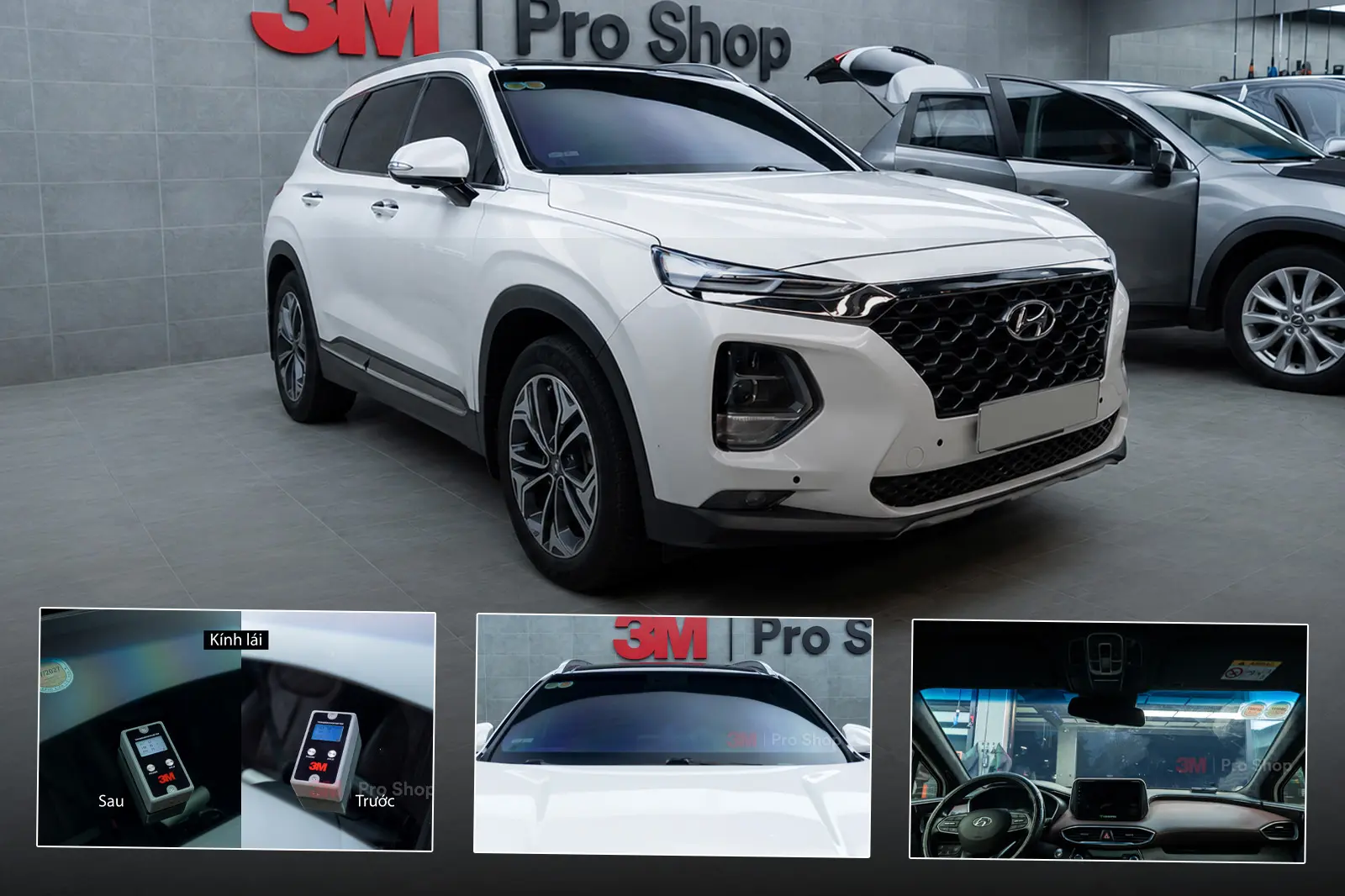 Hyundai Santa Fe trắng dán phim 3M kính lái CR BLK 40 tại Auto365 3M Pro Shop