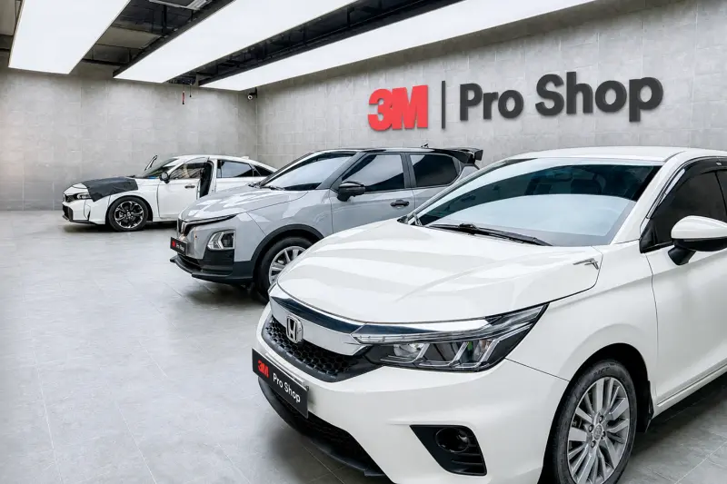 Khu vực thi công phim cách nhiệt 3M tại Auto365 với xe và kỹ thuật viên