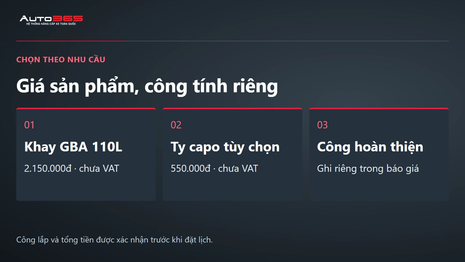 Giá tham khảo Auto365: khay GBA 110L giá 2.150.000đ và ty capo tùy chọn 550.000đ, đều chưa VAT, công lắp riêng.