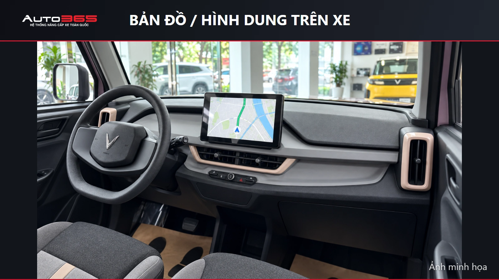 Ảnh minh họa mô phỏng màn hình VF3 hiển thị dẫn đường, góc nhìn từ phía hành khách