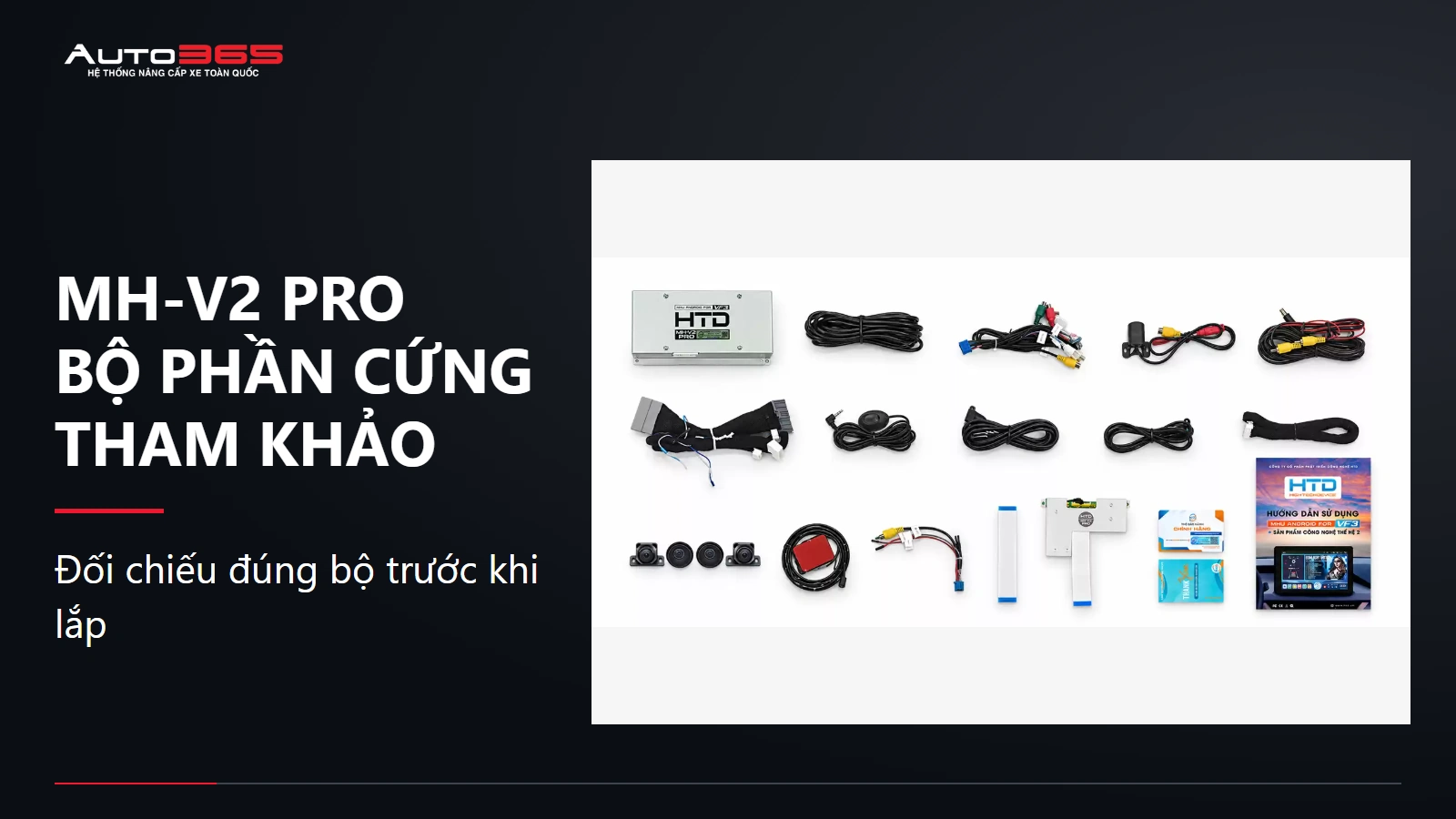 Bộ điều khiển MH-V2 PRO, giắc kết nối và phụ kiện trong ảnh sản phẩm của HTD