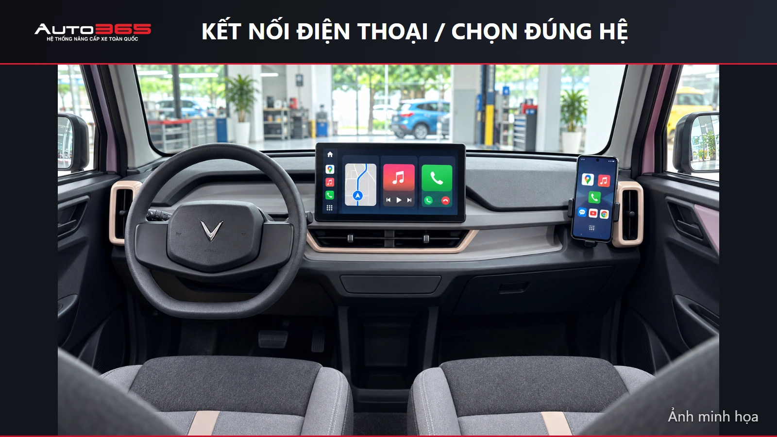 Ảnh minh họa mô phỏng kết nối điện thoại và giao diện trên màn hình VF3 sau nâng cấp