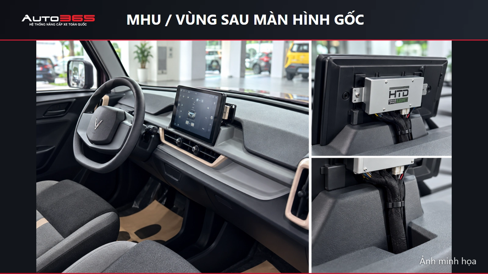 Source-based mockup vị trí bộ chuyển đổi MHU phía sau màn hình nguyên bản VF3