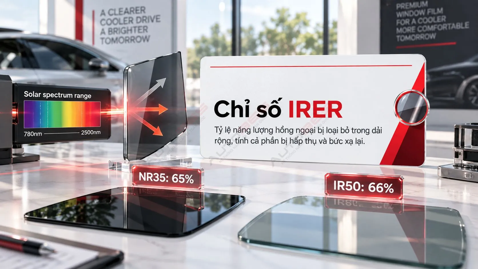 Minh họa chỉ số IRER của NR35 và IR50 theo cùng điều kiện kính tham chiếu trong tài liệu kỹ thuật; không phải kết quả đo trực tiếp trên xe trong bài