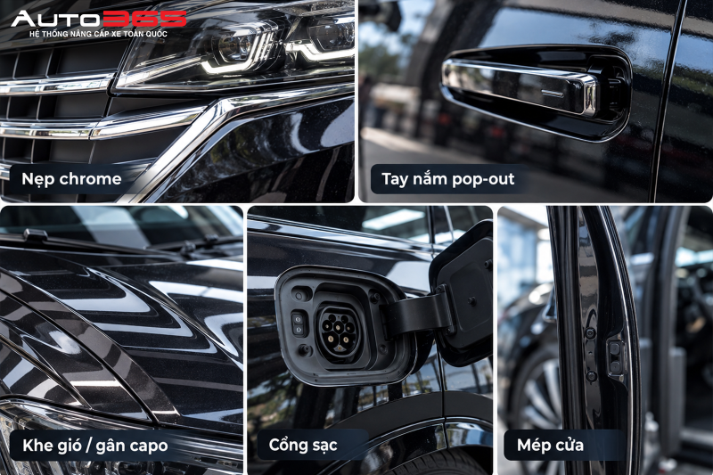 Ảnh minh họa các vị trí cần kiểm tra trước khi dán PPF, gồm nẹp chrome, tay nắm pop-out, khe gió hoặc gân capo, cổng sạc và mép cửa.